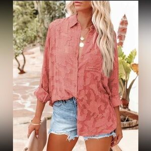 Coral Pink floral textured Button Down Blouse NEW